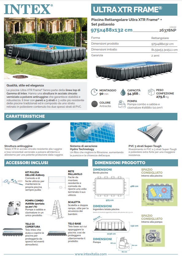 Intex 26378 Piscina Rettangolare Ultra XTR Frame 975x488x132 Cm Con Set ...